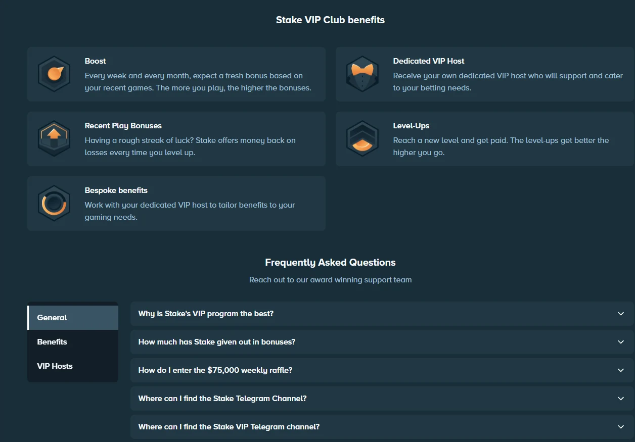 Stake VIP Club benefits page listing boost, recent play bonuses, level-ups and host support