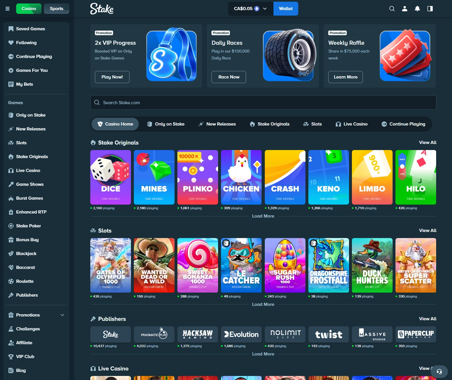 Stake casino home page showing promotion tiles, Stake Originals and slots sections