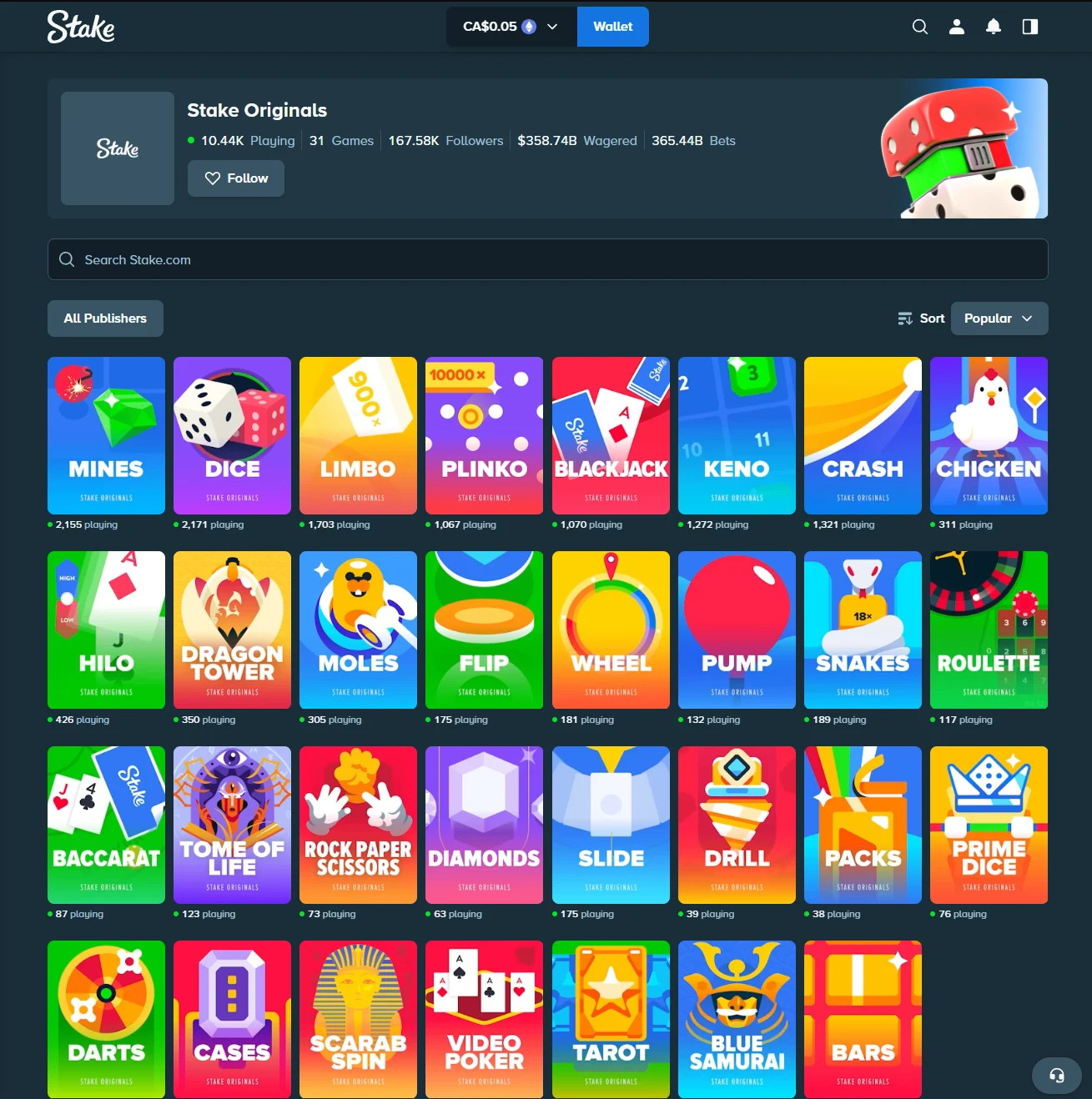 Stake Originals library listing in-house games with live player counts